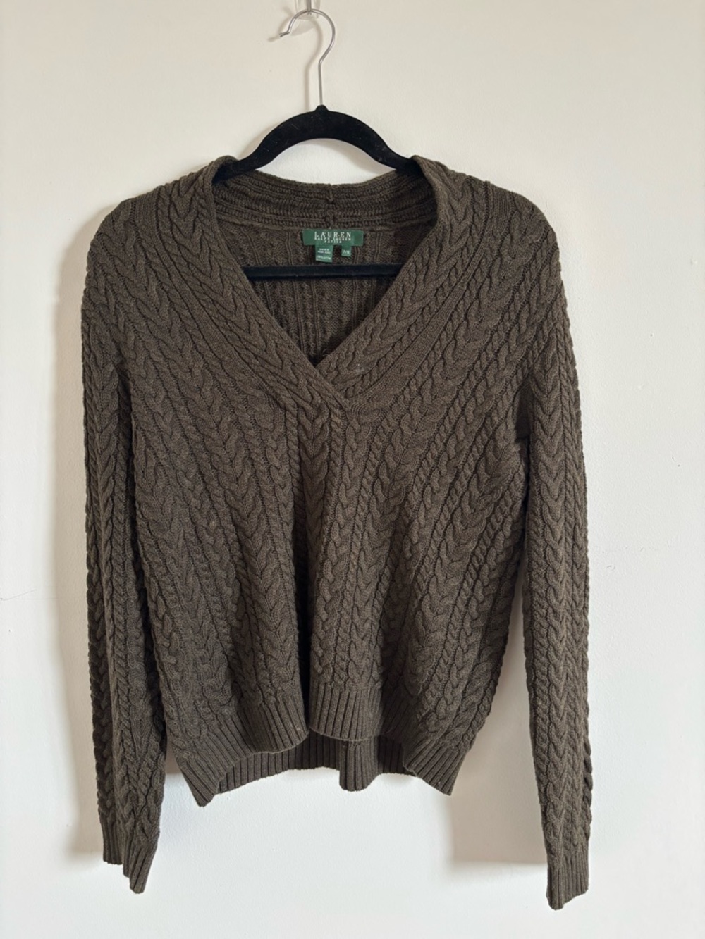 Ralph Lauren Brown Cable-Knit V-Neck Sweater